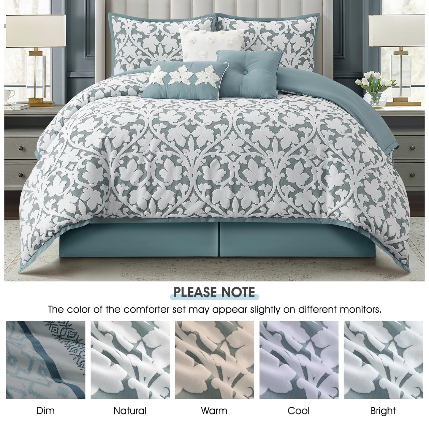 LANCO MODERN LIFESTYLE 7 Pieces Comforter Set, King, Blue, Jacquard Floral Pattern and Classy Damask Medallion Design, Ultra Soft, Includes Bed Skirt, Shams, and Decorative Pillows