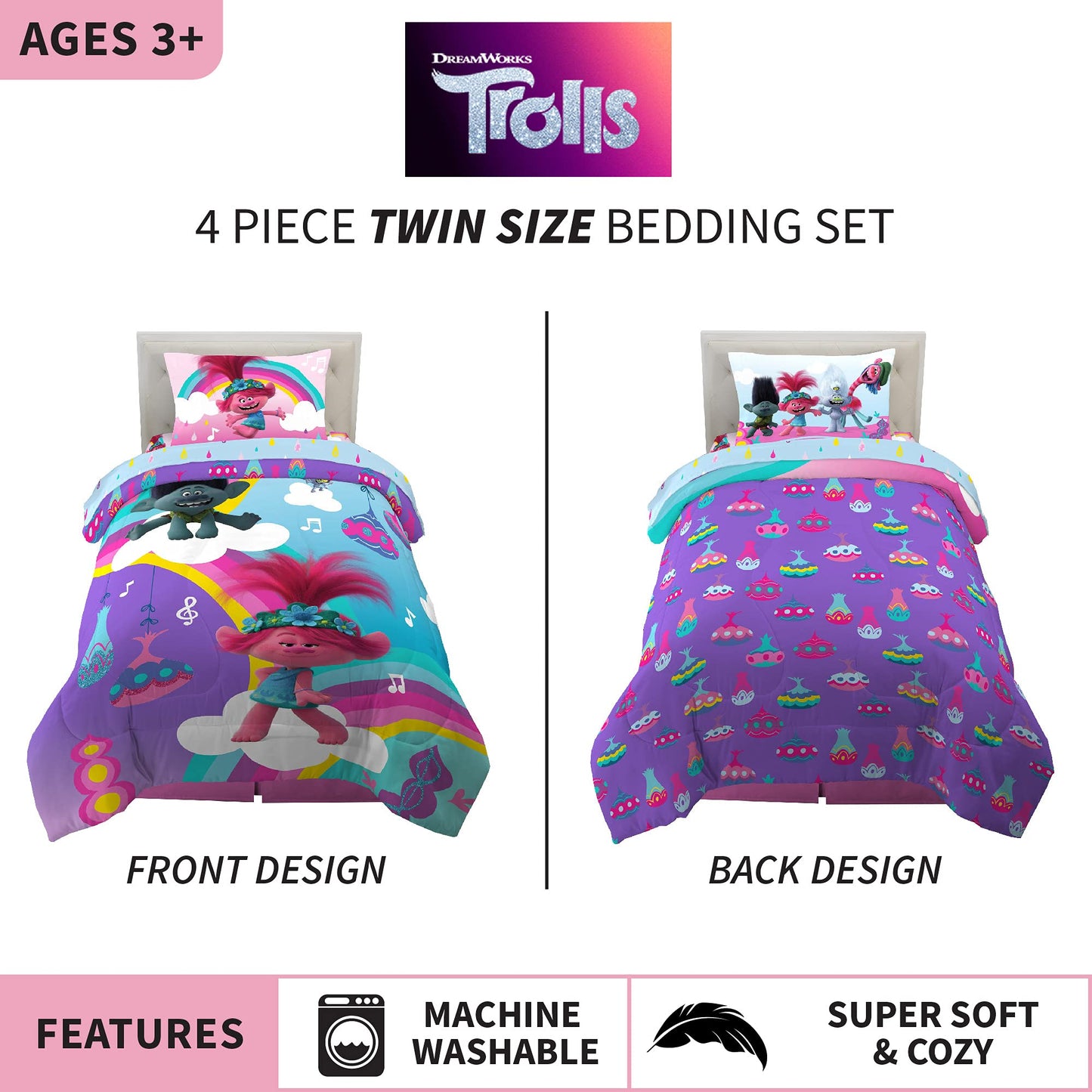 Franco Kids Bedding Super Soft Microfiber Comforter and Sheet Set, 4 Piece Twin Size, Trolls World Tour