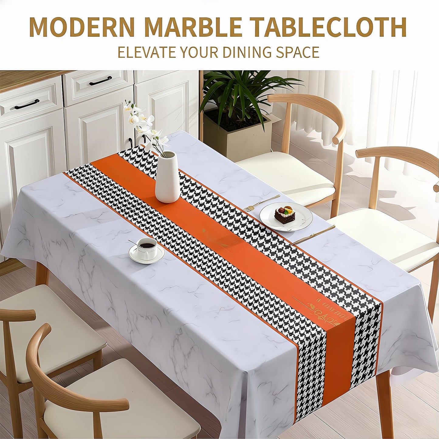 Qvthpv 55"x70" Rectangular PVC Tablecloth, Waterproof Oilproof Heatproof Kitchen Table Cover, Wipeable Stain Resistant Everyday Dining Table Cloth for Holidays Parties Camping (Marble Orange)