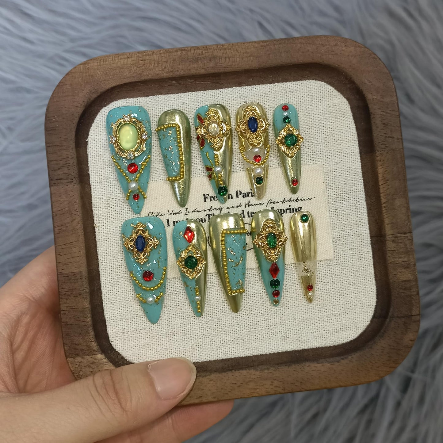 TENPAL Handmade Palatial Press On Nails Long Stiletto,Heirloom Chrysoberyl & Ruby Inlaid Designs Glue on Nails, Artisan Cameo False Nails 10Pcs with Tools Kit,Reusable Wedding Fake Nails for Bride(S)
