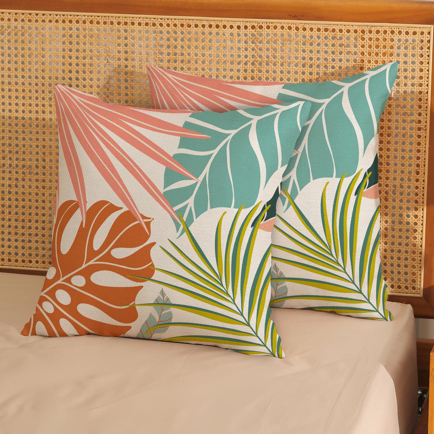 GOLIANDA Summer Tropical Pillow Covers 18x18 Set of 2, Monstera Palm Leaf Pillowcase Green Orange Botanical Coral Summer Throw Pillows Outdoor Decor Farmhouse Cushion Case Linen Decorative for Home