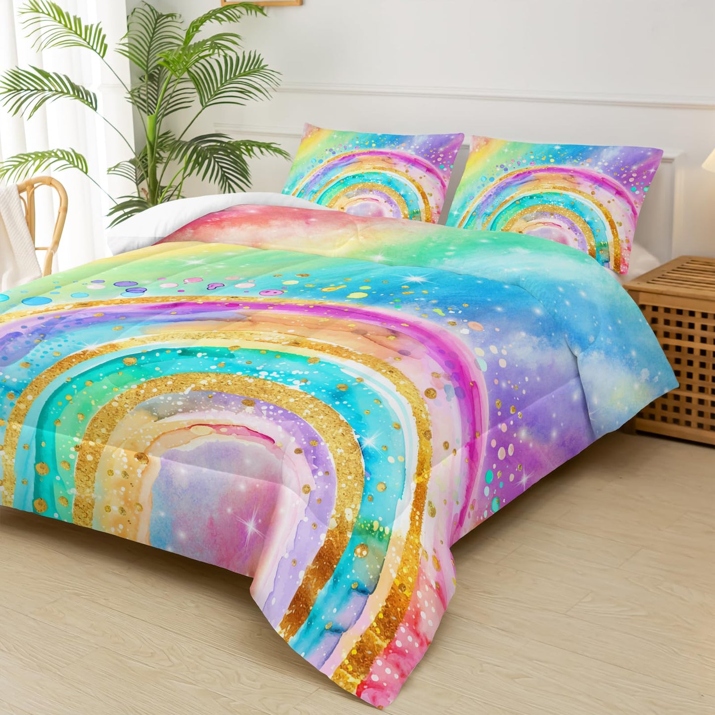 lneffble Cute Rainbow Twin Comforter Set for Girls，Pastel Tie Dye Rainbow Twin Bedding Set Kids，Galaxy Kids Bed Comforter Sets
