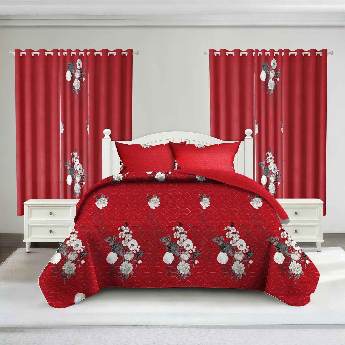 Deepsleep Queen Bedspread Set 9 Pieces, All Season Luxury Bed in a Bag for Bedroom, with 2 Pillowcases and 6 Curtains, Ultra-Soft Microfiber for Complete Bedroom Decor, Red and White Floral