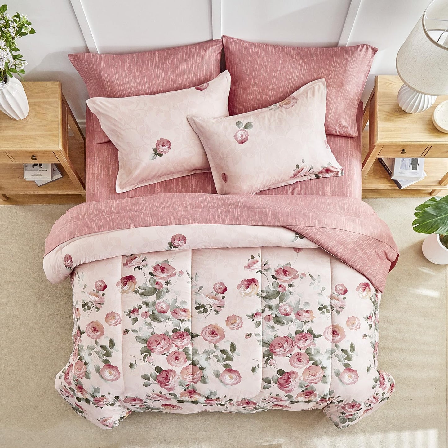 AIKASY Pink Queen Comforter Set with Sheets,Bed in a Bag 7-Pieces,Palm Tree Totem Printing Design,Ultra Soft Down Alternative All Season Bedding Set(Queen, Pink)