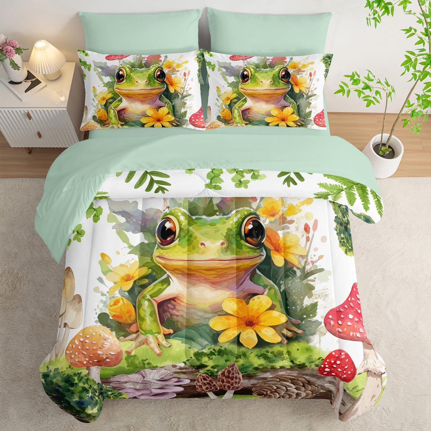 AILONEN Green Frog Comforter Set Twin 7-Piece Bed in a Bag,Tropical Amphibian Tree Frog Bedding Set for Kids Boys Girls,Soft Comforter & Fitted Sheet with Flat Sheet,2 Pillowcases,2 Pillow Shams