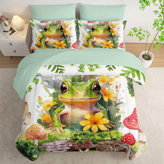 AILONEN Green Frog Comforter Set Twin 7-Piece Bed in a Bag,Tropical Amphibian Tree Frog Bedding Set for Kids Boys Girls,Soft Comforter & Fitted Sheet with Flat Sheet,2 Pillowcases,2 Pillow Shams