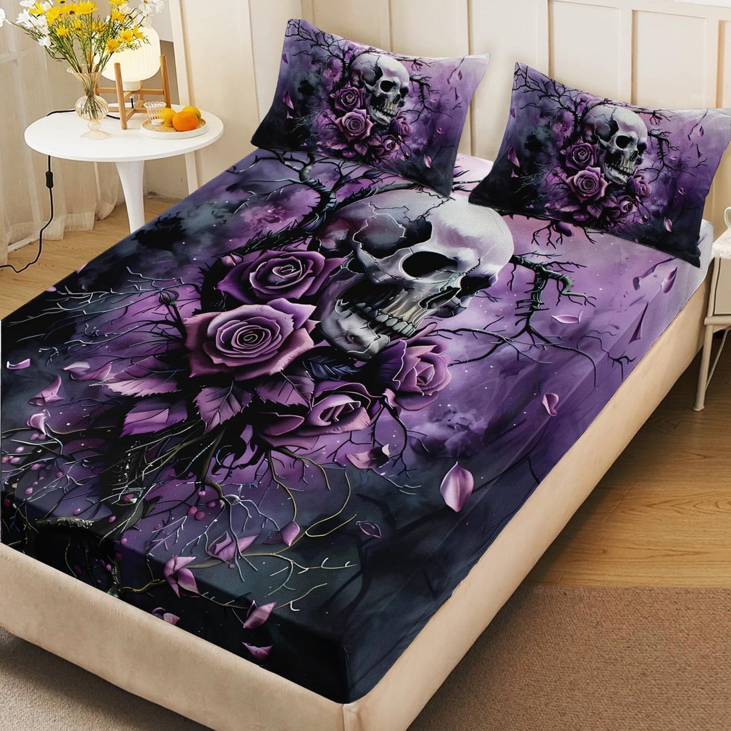 HOSIMA Death Skull Twin Fitted Sheet,Skull Surrounded by Flowers Print Gothic Bedding Set,Branch Pattern Horror Themed Halloween Bedding for Boys Girls Room Decor,1 Fitted Sheet+2 Pillowcases.