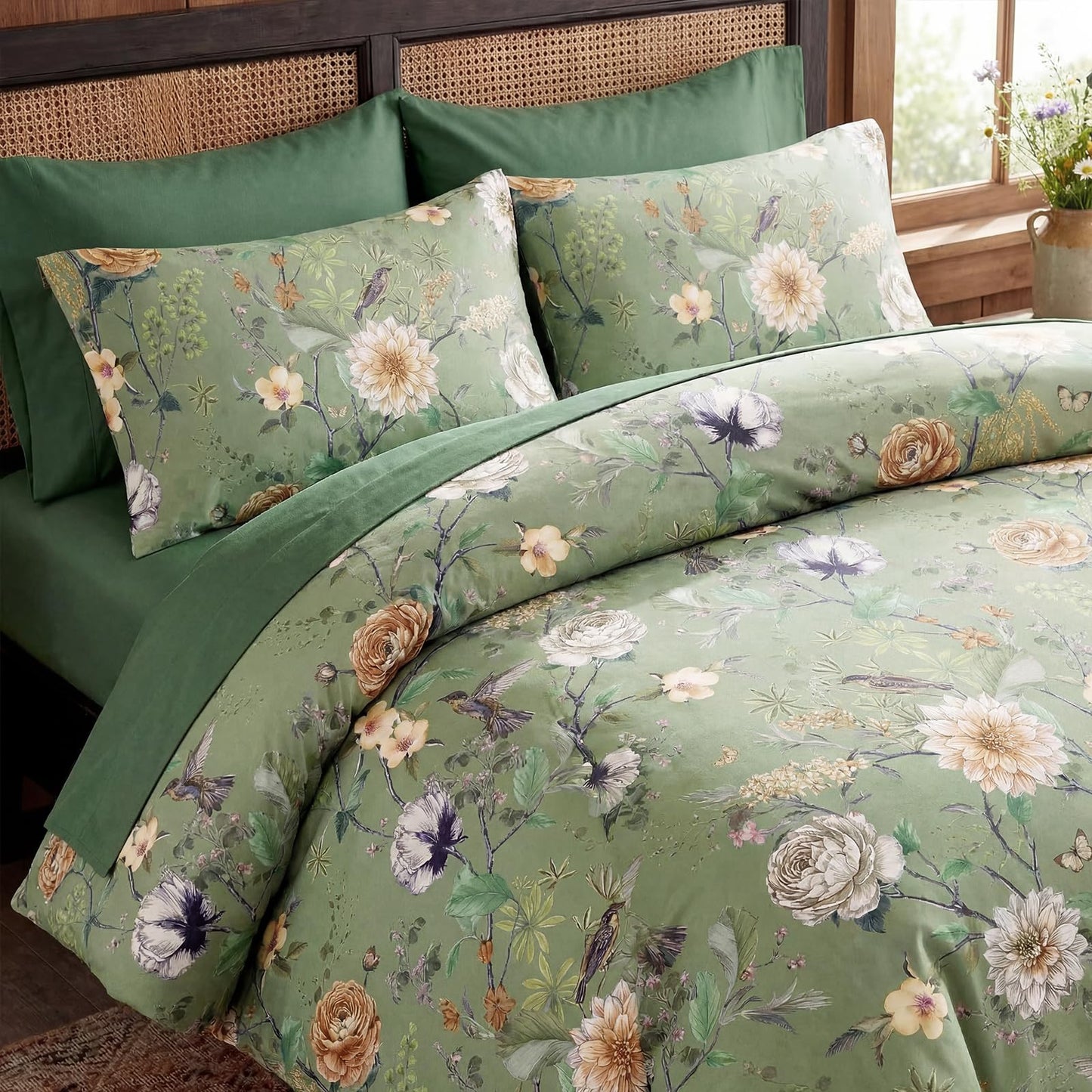 Bedorm 100% Cotton Floral Duvet Cover Queen Size - Green Floral Flower Print 3 Piece Bedding Set with Zipper Closure, Soft and Breathable, Includes 1 Duvet Cover and 2 Pillowcases