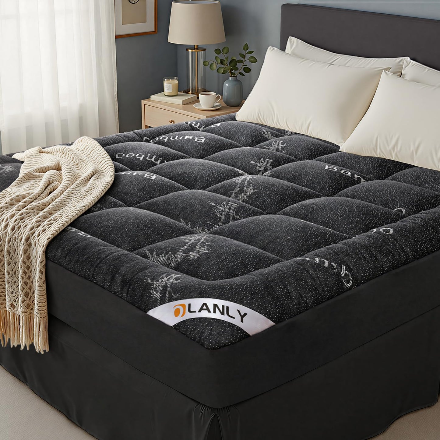 OLANLY Queen Mattress Topper, Bamboo Viscose Cooling Pillow Top Mattress Pad, Soft Plush Down Alternative for Firm Mattress, Back & Hip Pressure Relief, Machine Washable, Deep Pocket, Dark Gray