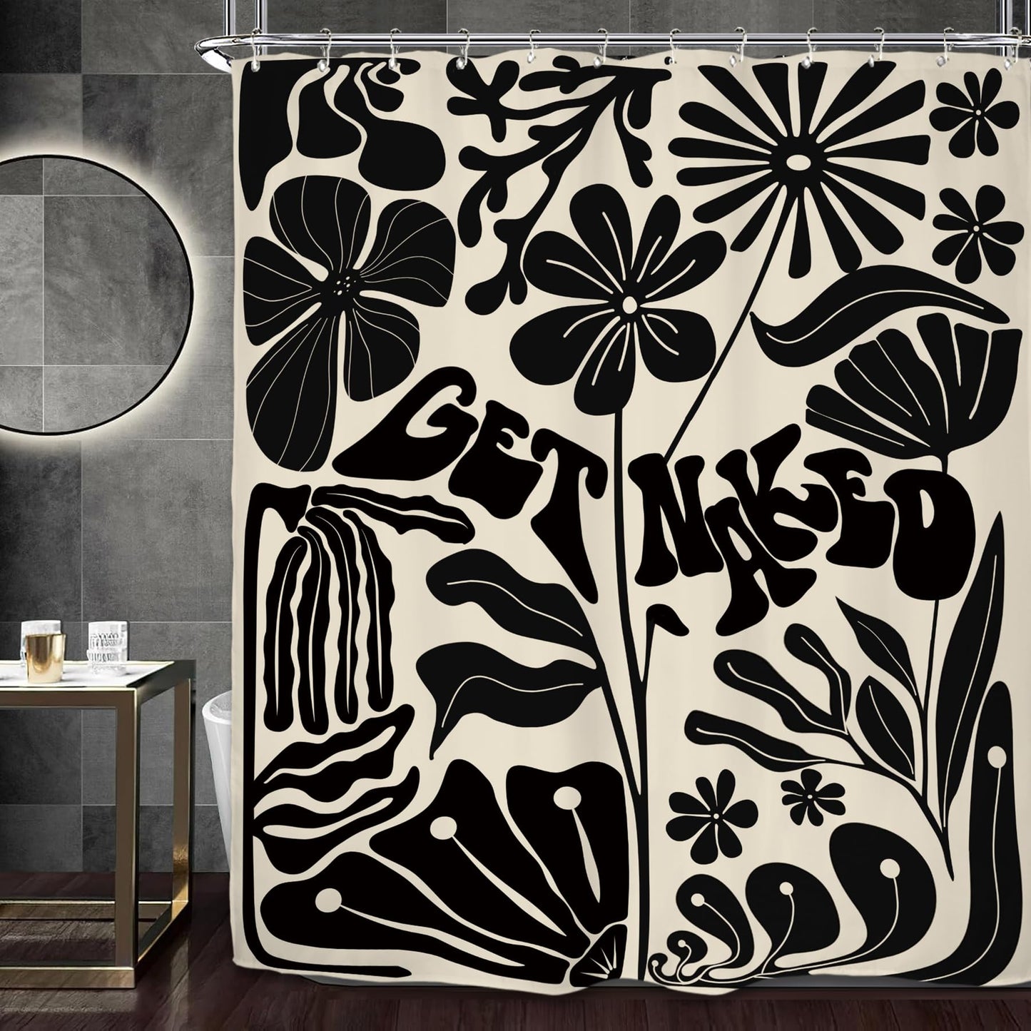 Miyotaa Retro Black Matisse Flower Shower Curtain Set 60Wx71H Inches Get Naked Minimalist Modern Neutral Abstract Vintage Polyester Bathroom Curtain with 12 Hooks