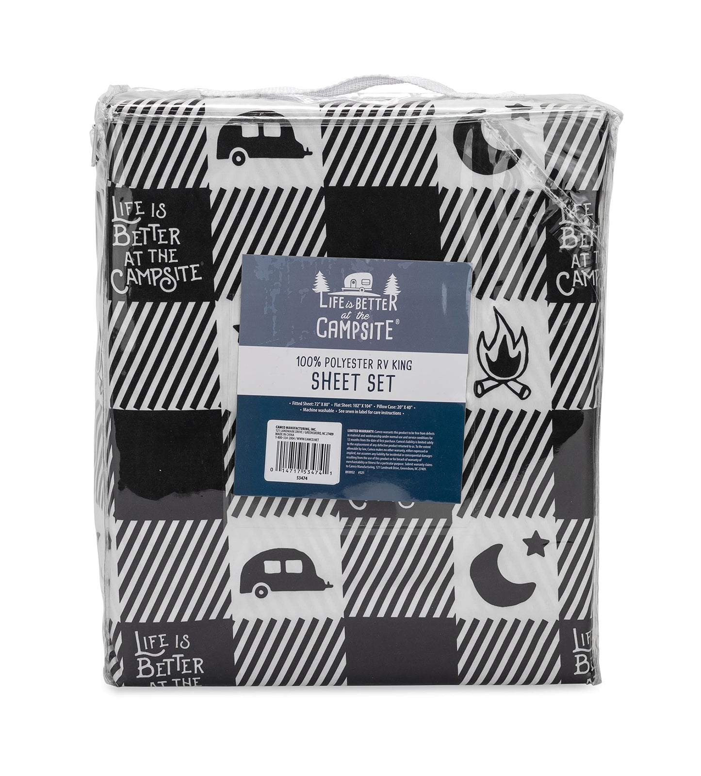 Camco Life is Better at The Campsite Camper/RV King Sized Bed Sheet Set | Features Camping Theme Design on Buffalo Plaid Pattern | Crafted of Soft Machine Washable Polyester | 4-Piece Set (53474)