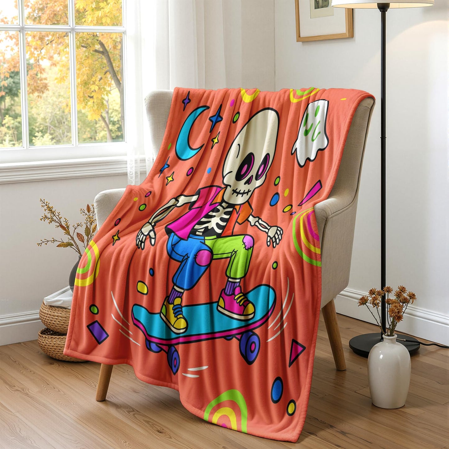 GEDAEUBA Skeleton Gifts for Kids - Halloween Funny Skull Ghost Fleece Blanket Throw, Soft Cozy Blankets & Throws for Couch, Bed, and Sofa, 50x60 inches