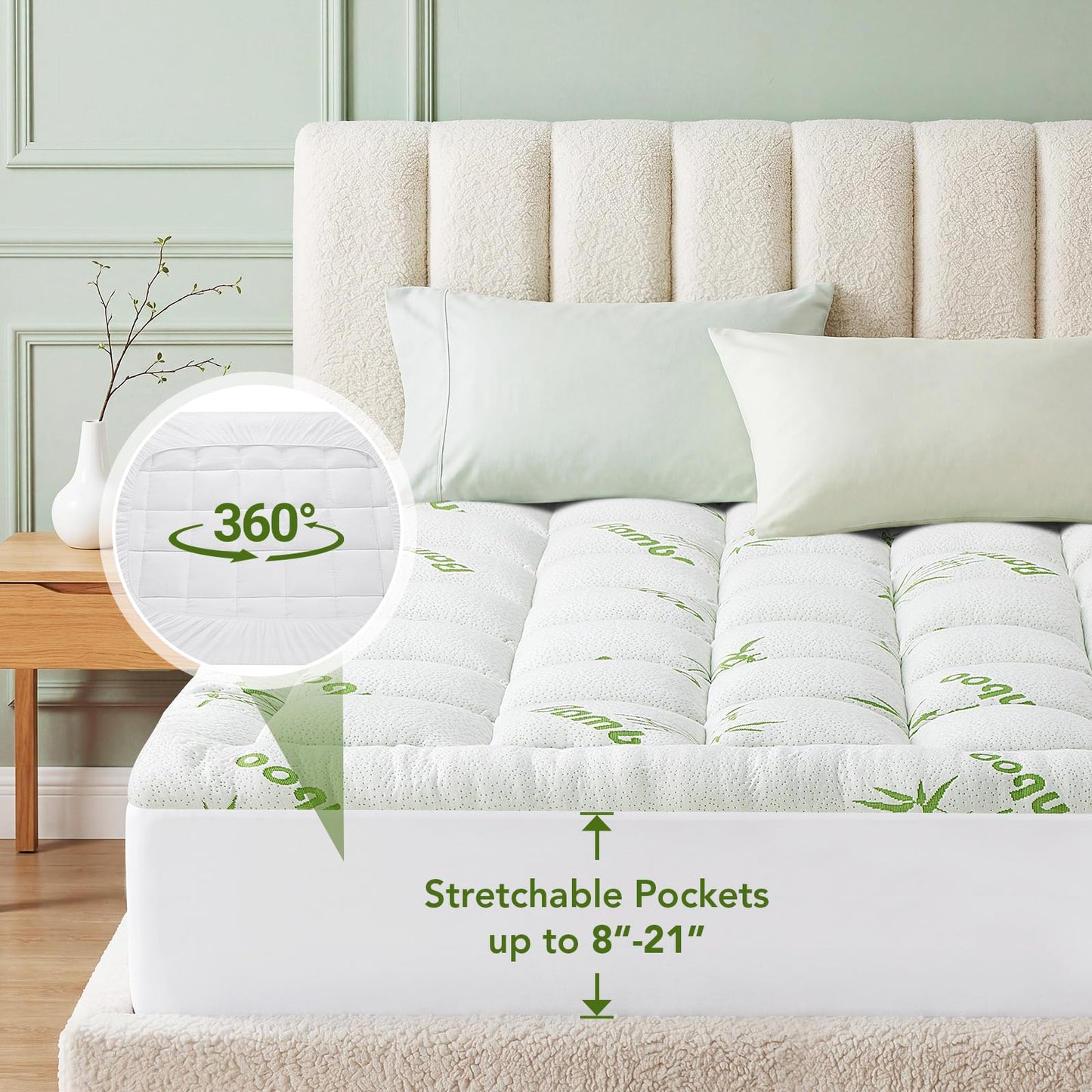 Queen Size Mattress Topper Viscose Made from Bamboo, Extra Thick Quilted Pillow Top, Naturally Cooling & Breathable for Hot Sleepers, Back Pain Relief, Deep Pocket Skirt Fits 6-18", Green