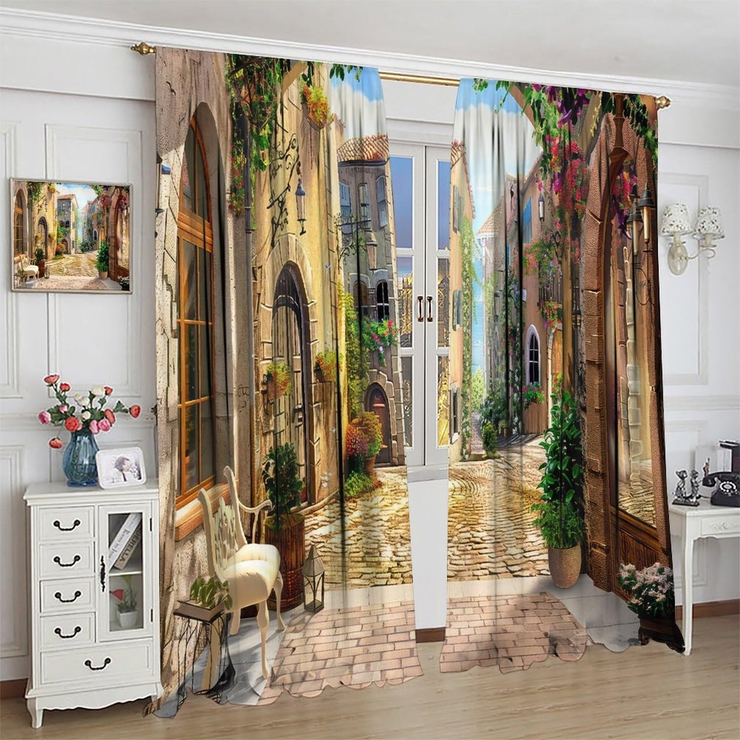 GoDazzling European Italian Curtains, Old Mediterranean Street Stone Rock House Floral Porches Pastoral Town Scenery Window Drapes, for Living Room Bedroom 41" W X 45" L (No Blackout)