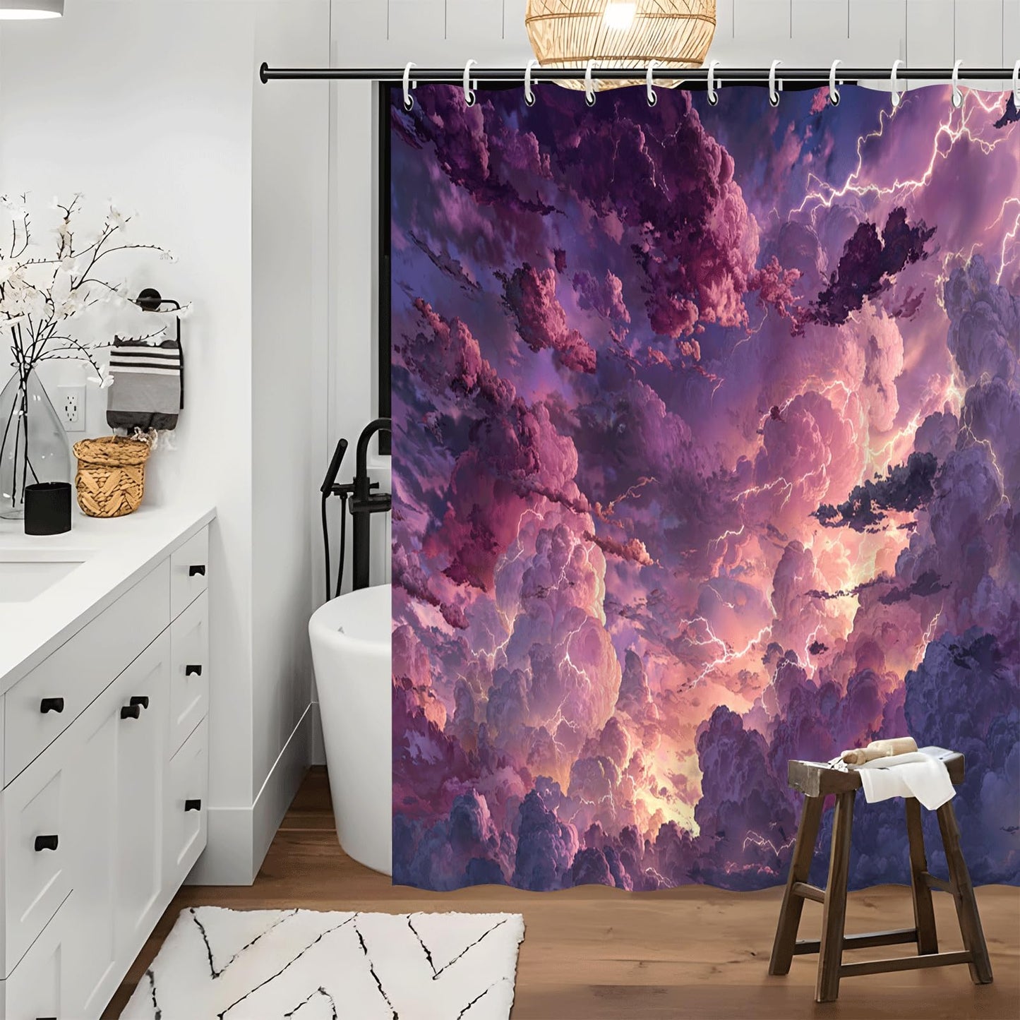 ZROLUW Purple Sky Shower Curtain Waterproof Soft Polyester Fabric 48" W x 72" L Cartoon Clouds Shower Curtains with Grommets Bathroom Accessories Decor