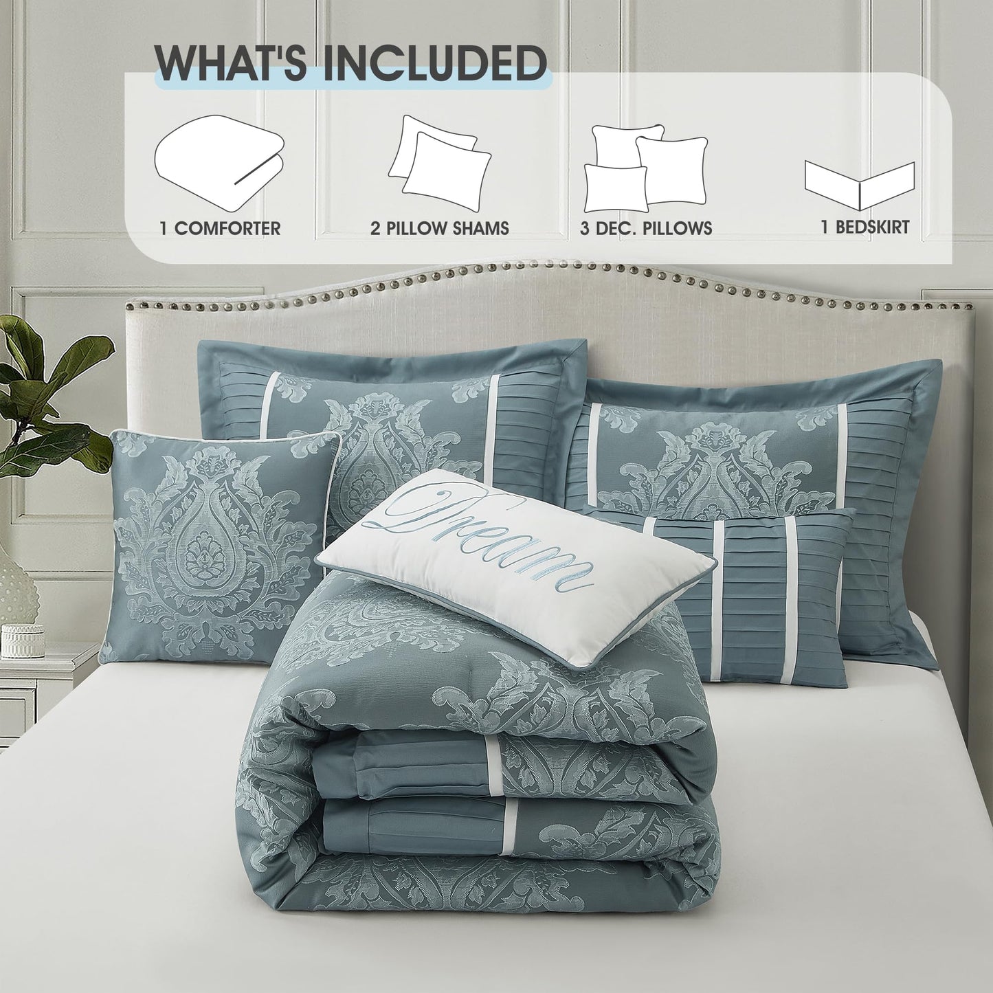 LANCO MODERN LIFESTYLE Blue Queen Comforter Set 7 Pieces, Jacquard Woven with Damask, Bedding Set in a Bag Includes Comforter, Bed Skirt, Pillow Shams, and Decorative Pillows