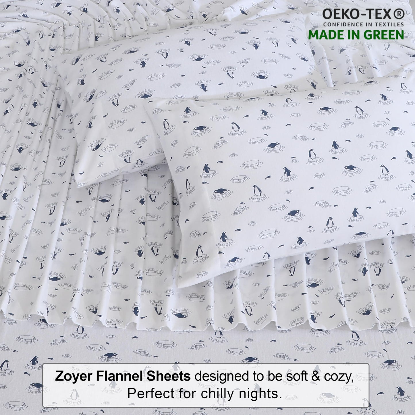 ZOYER Flannel Sheets Queen Size - 100% Cotton Double Brushed Bed Sheets, Deep Pockets 16 Inches Queen Sheet Set, All Seasons Breathable & Extra Soft - Warm & Cozy, 4 Piece, Penguin Edge