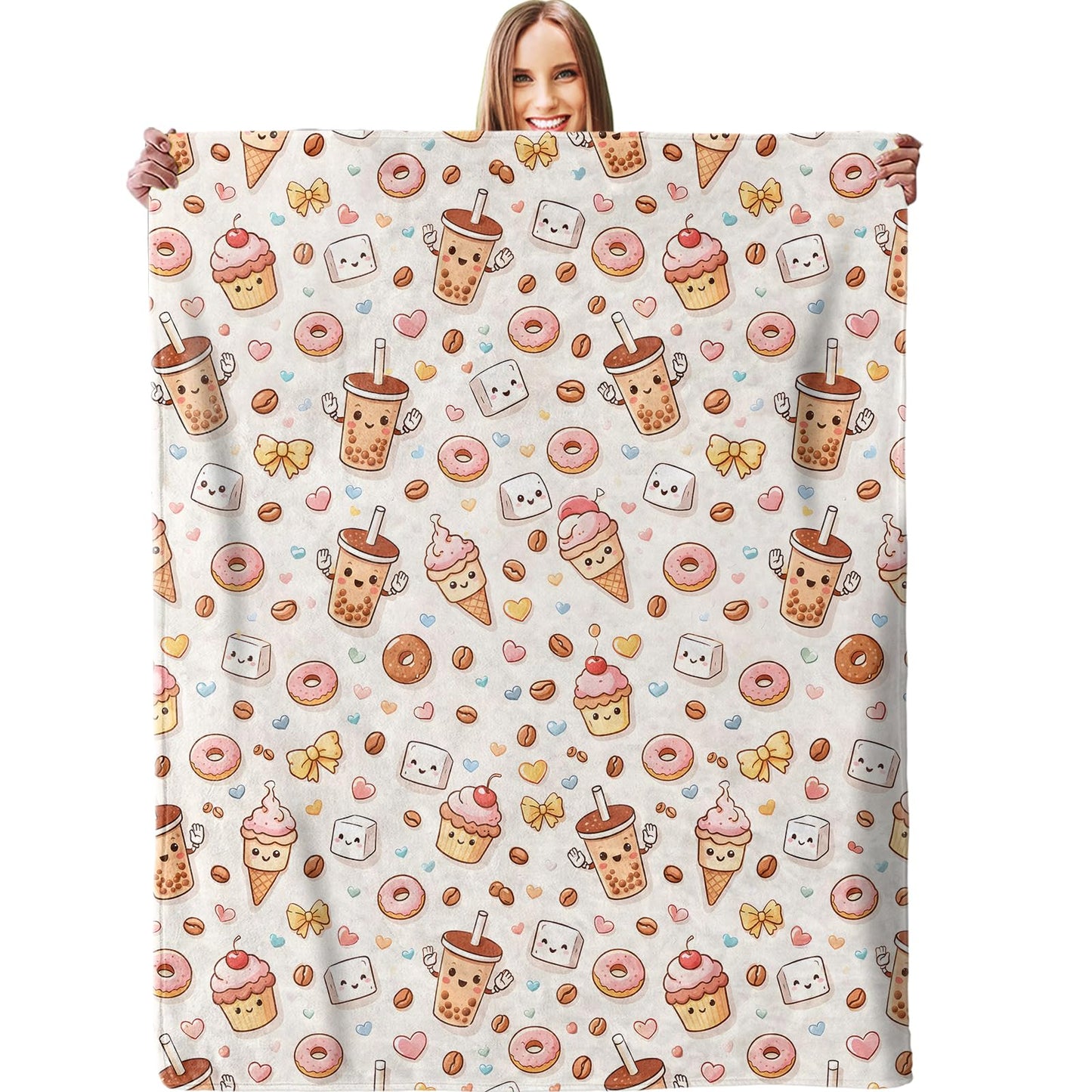 Cute Milk Tea Dessert Blanket, Soft Kawaii Donuts with Cupcakes Throw Blanket Gifts for Women Girls Kids, Sweet Food Lightweight Warm Cozy 60×50 inch Flannel for Couch, Travel, Bed, Decor, Outdoor
