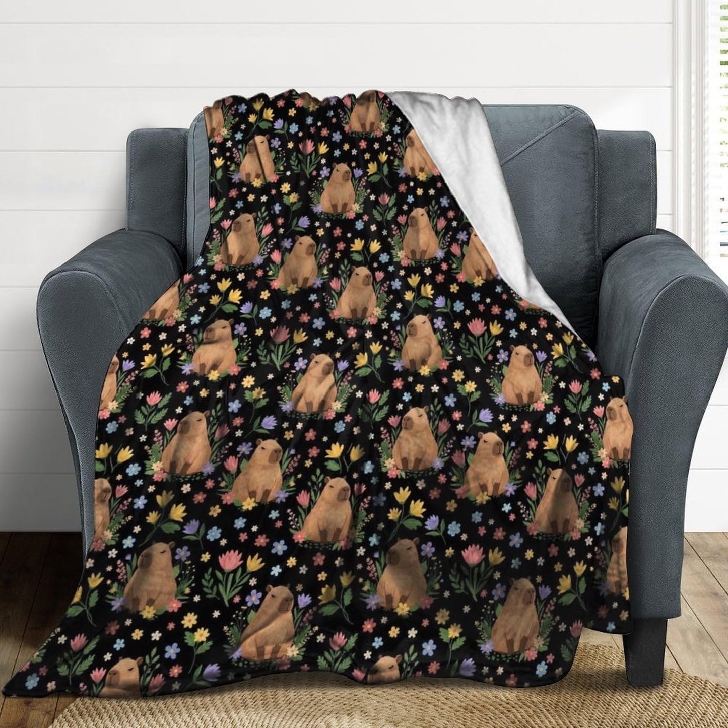 Soft Throw Blanket Cozy Warm Blanket for Bed, Sofa and Couch, Fashion Home Decor Bedspread Compatible with Floral Flowers Cute Capybara Black