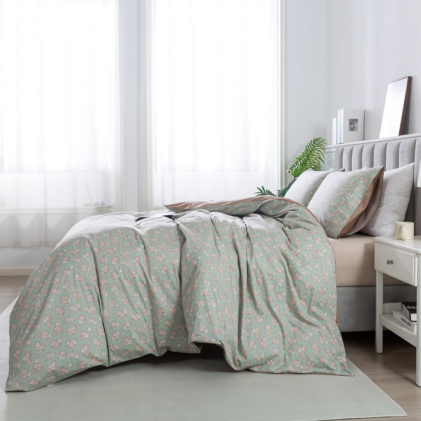 HoneiLife Wildflower Duvet Cover King - 100% Cotton Comforter Cover Sets, Floral Duvet Cover Sets, Botanical Bedlinen Set with Zipper Closure & Corner Ties