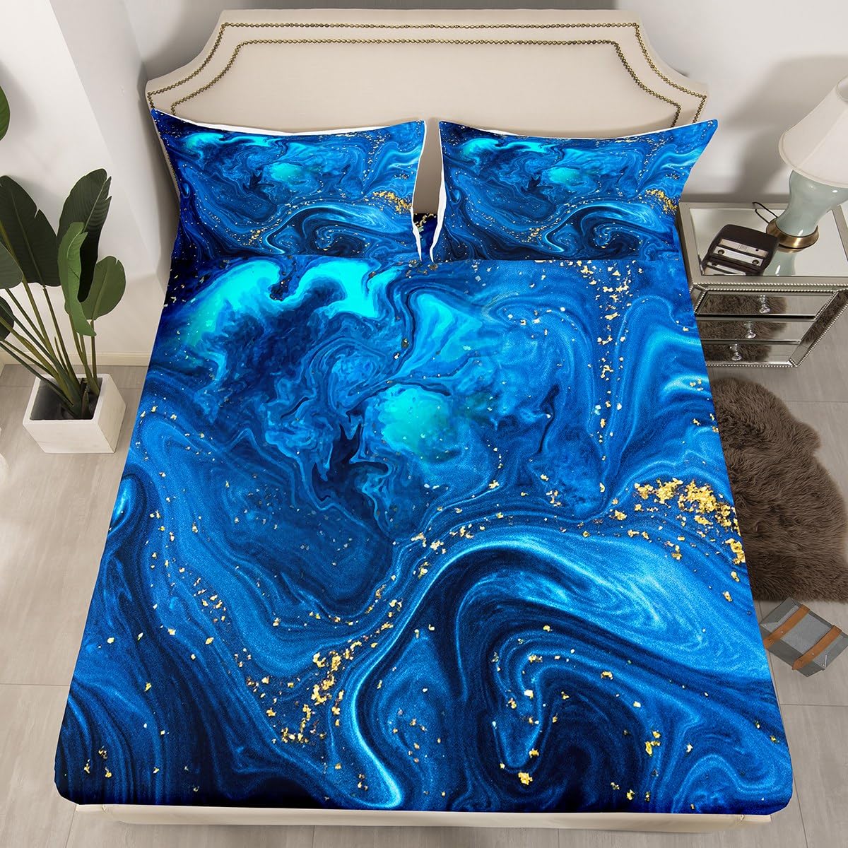 Erosebridal Blue Marble Fitted Sheet Twin, Ombre Blue Fluid Bed Sheets Trippy Liquid Sheet Set Gypsy Golden Sequins Printed Flat Sheet Tie Dye Gradient Soft Top Sheet & Fitted Sheet & 2 Pillowcases