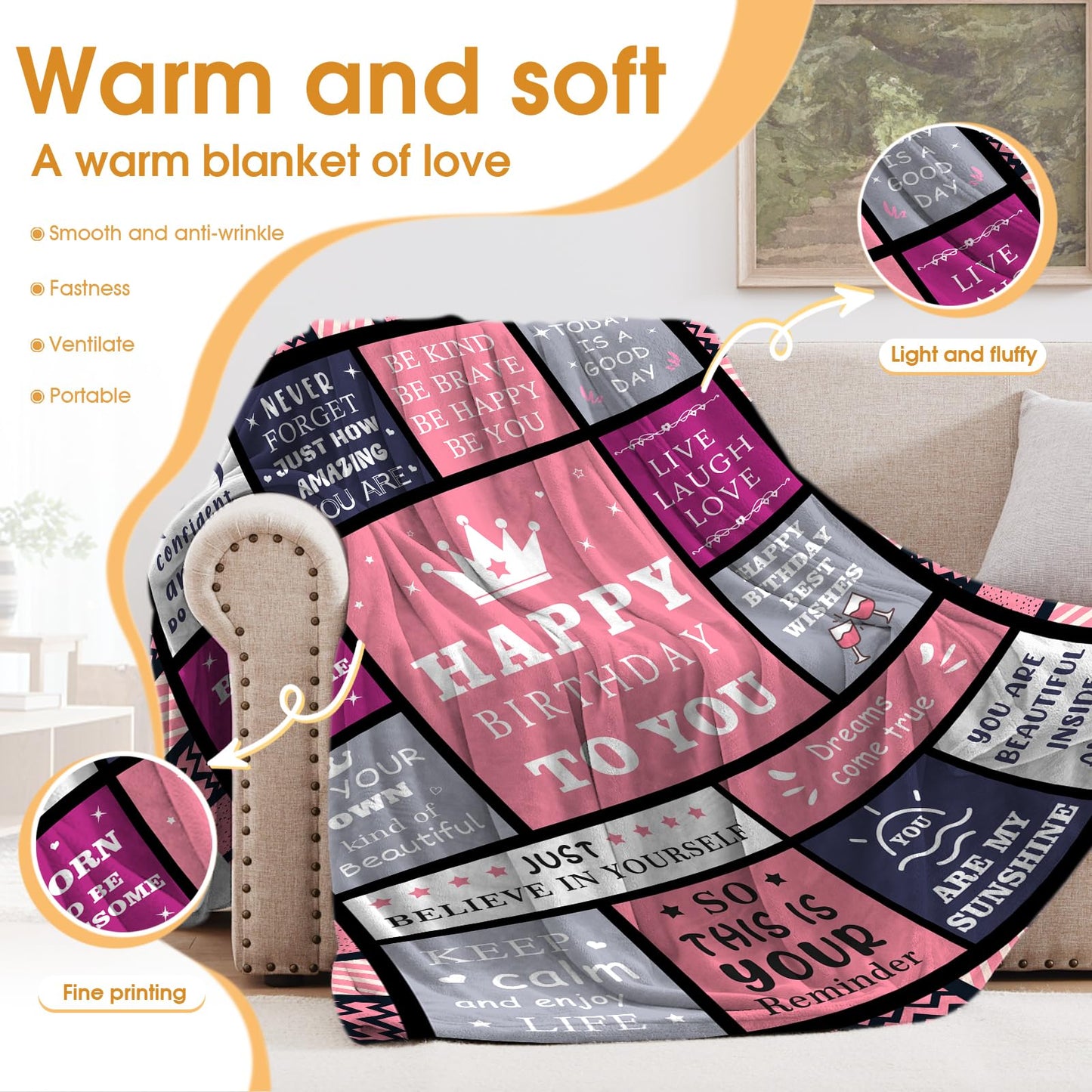 Hohoto Happy Birthday Blanket for Grils Women, Best Wishes Inspirational Birthdays Gifts for Mom Sister Bestie,Bday Present Decorations for Bed Sofa Couch 50"x60"