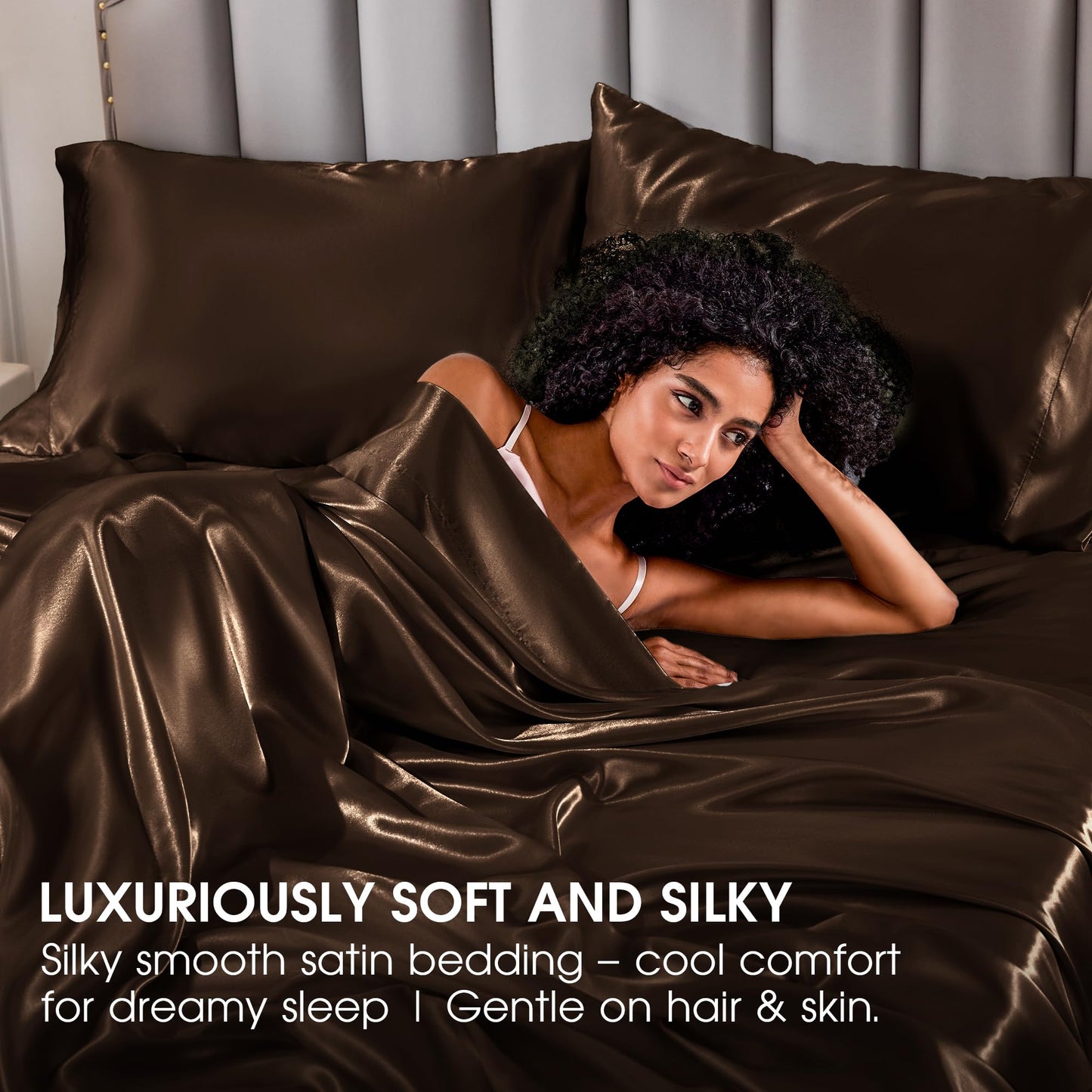 FreshCulture Satin Sheets Full Size - 4 Piece Luxury Soft Silky Full Size Bed Sheets, Similar to Silk Bed Sheet Set with 1 Deep Pocket Fitted Sheet, 1 Flat Sheet & 2 Pillowcases (Brown)