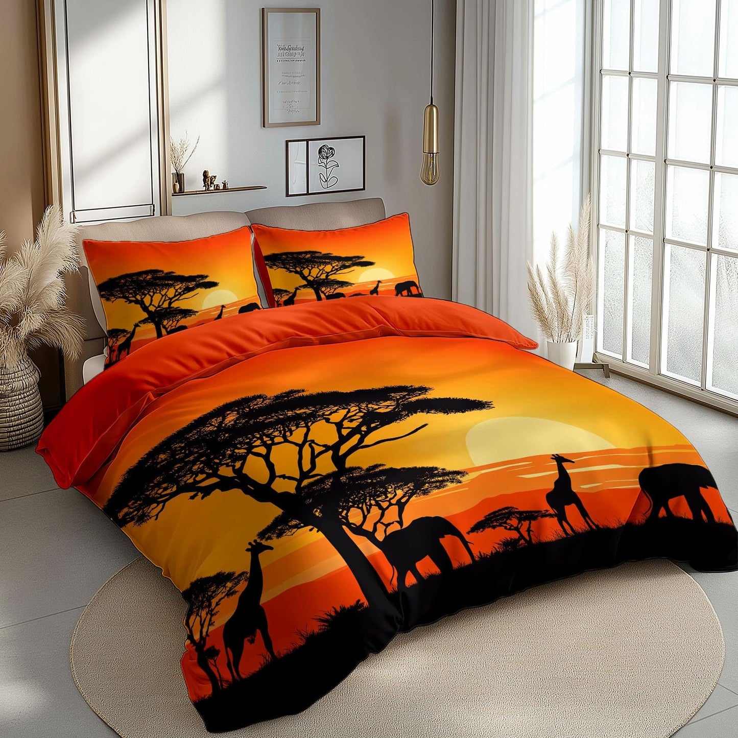 Retro Animals Grassland Sunset Duvet Cover Set Queen (90 x 90 in) Ultra Soft Orange Color Print Bedding Set with 2 Pillowcase, Breathable Comforter Cover for Teens Adults Kids