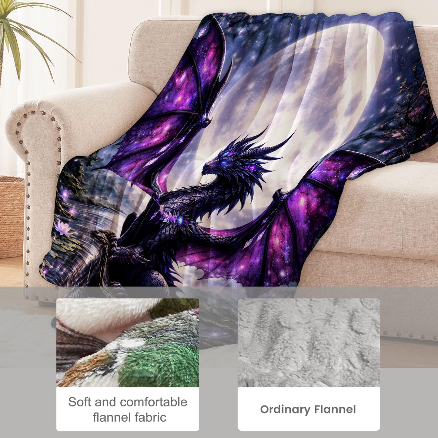 cromcu Moon Dragon Flannel Throw Blanket, 50x60in, Soft Warm Cozy Blankets with Majestic Creatures and Lotus Lake, Fantasy Gifts for Girls Dragon Lovers, Home Decor Dorm Office Travel Camping