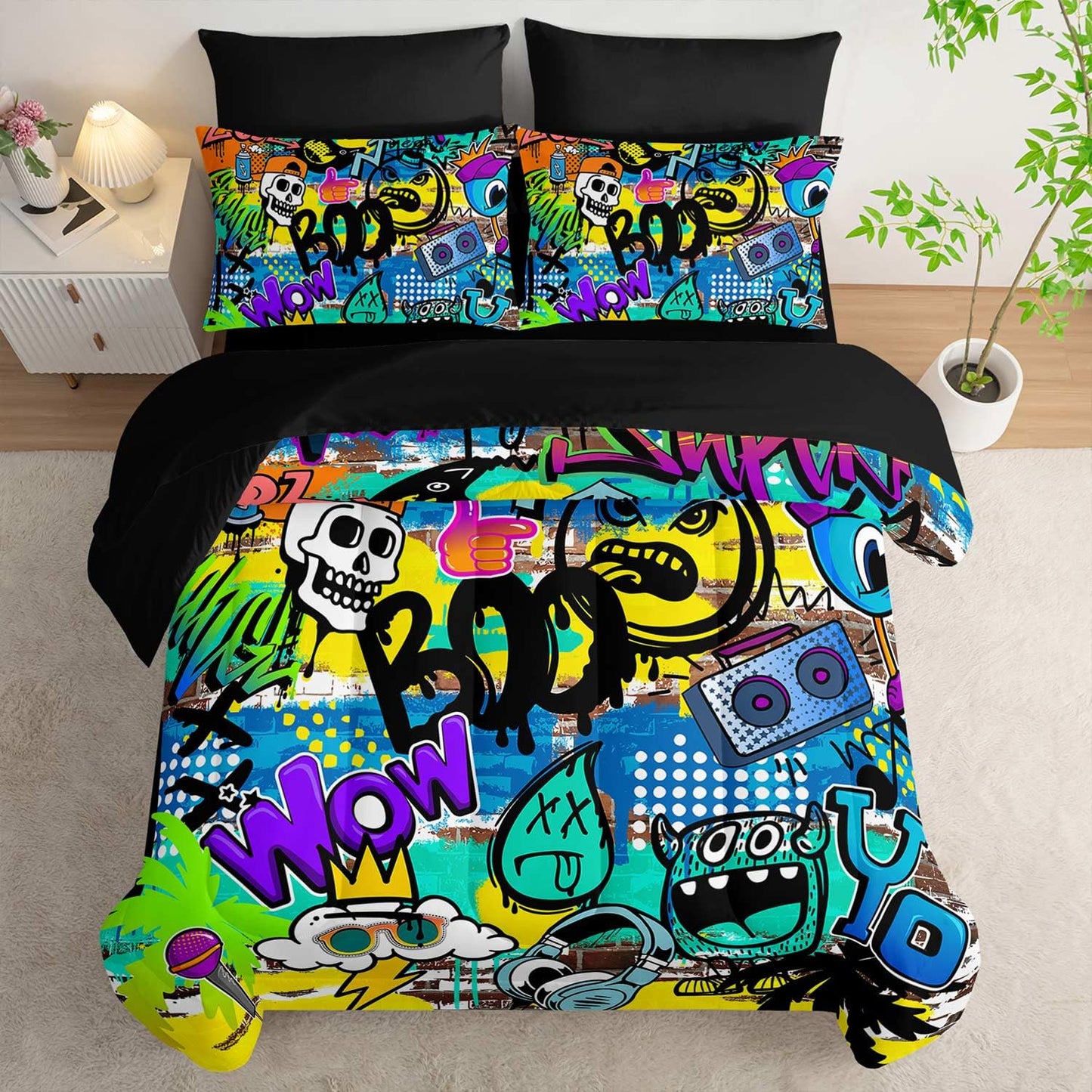 AILONEN Boys Kids Comforter Set Full,7-Piece Cartoon Hip Hop Skull Bed in a Bag Printed Bedding Set,Colorful Graffiti Soft Comforter & Fitted Sheet & Flat Sheet & 2 Pillowcases,2 Pillow Shams,Black