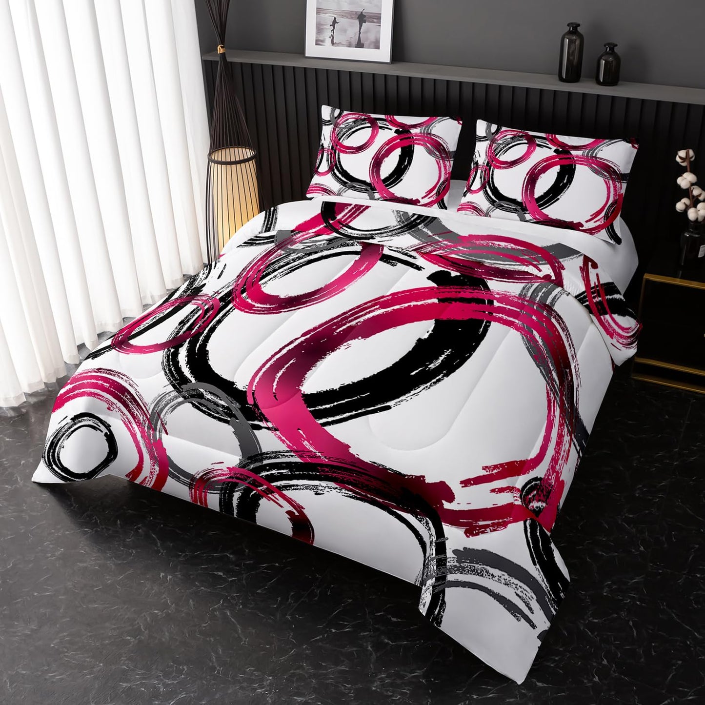 Nttopship Geometric Circle Comforter Set Pink Grey Black Geometric Bedding Set for Boys Girls Teens Retro Circle Swirls Bedding Set Bedroom Decor Modern Abstract Art Duvet Set Room Decor Twin Size