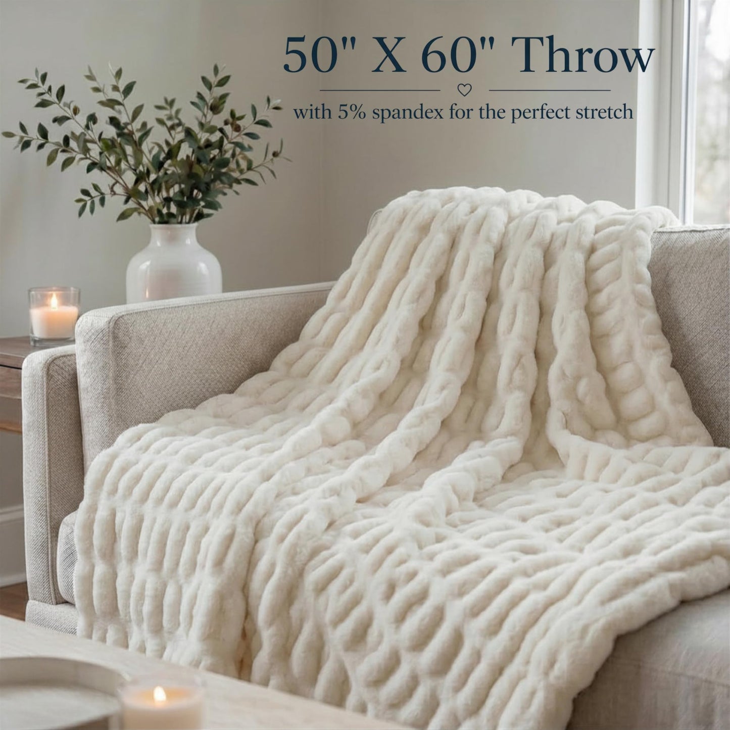 Raelee Luxury Faux Rabbit Fur Throw Blanket, Ultra Soft Double Sided Fluffy Plush Throw for Couch, Bed, Chair, Thick Warm Cozy Decorative Bubble Throw Blanket, Ivory White, 50x60
