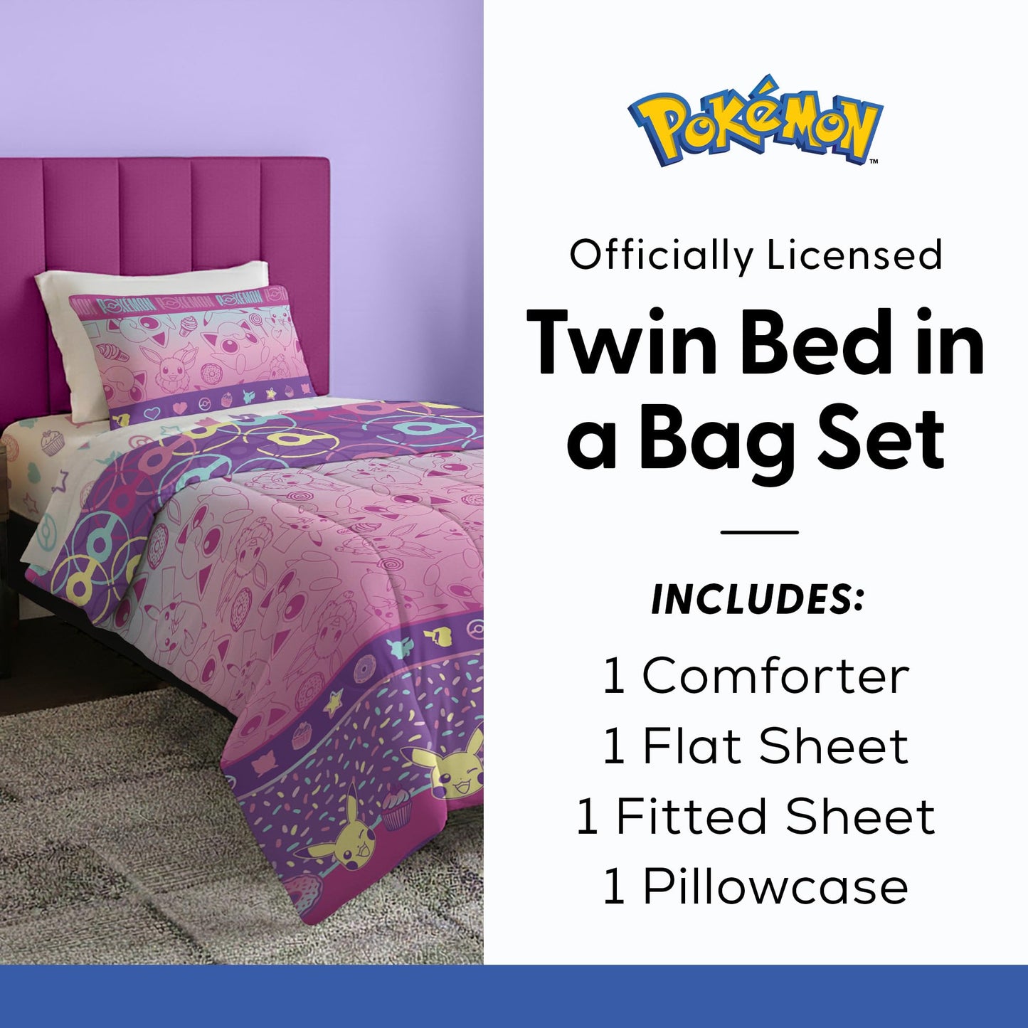 Northwest Pokemon Light and Sweet Twin Size Bed in a Bag Set, Pikachu Eevee Jigglypuff, Kids Boys Girls Bedding Comforter Sheets