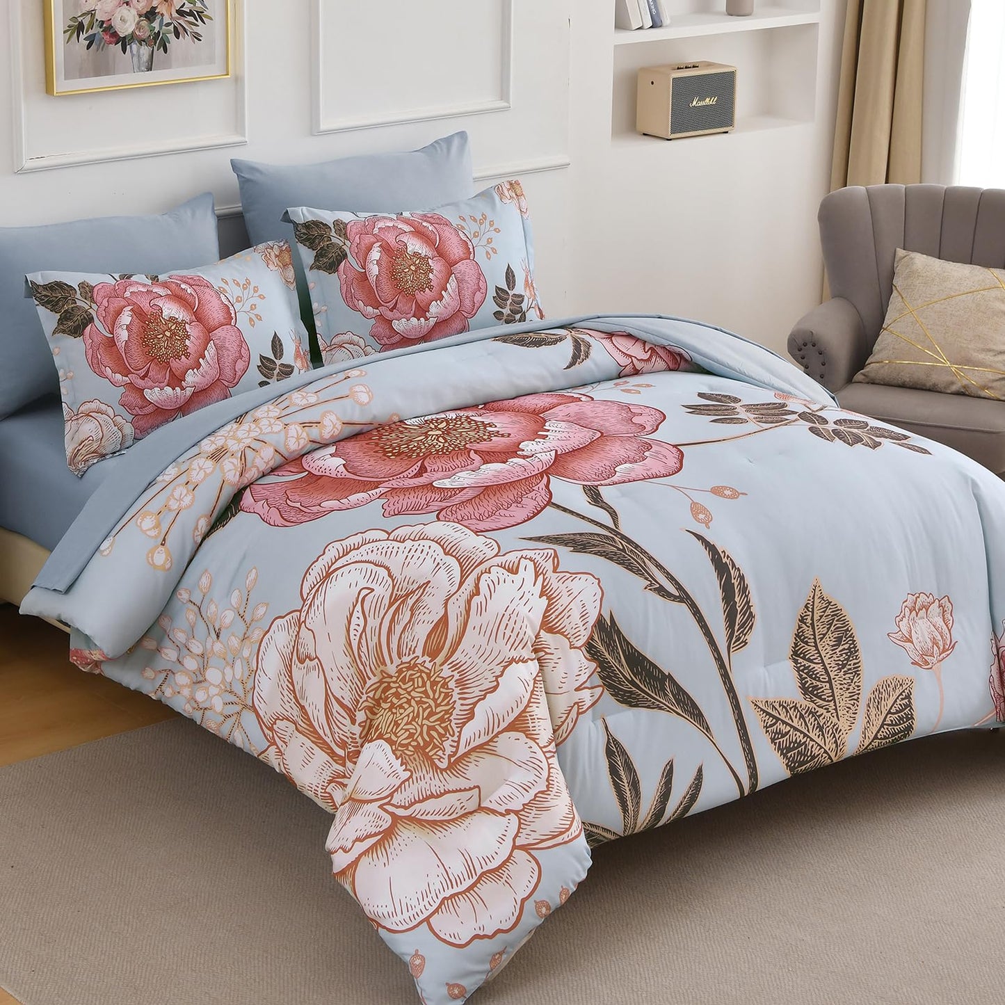 Luxudecor Blue Pink Floral Queen Comforter Set 7 Pieces Bed in a Bag,Pink Flower Print on Blue Bedding Set,Soft Reversible Comforter with Sheets 90"x90"
