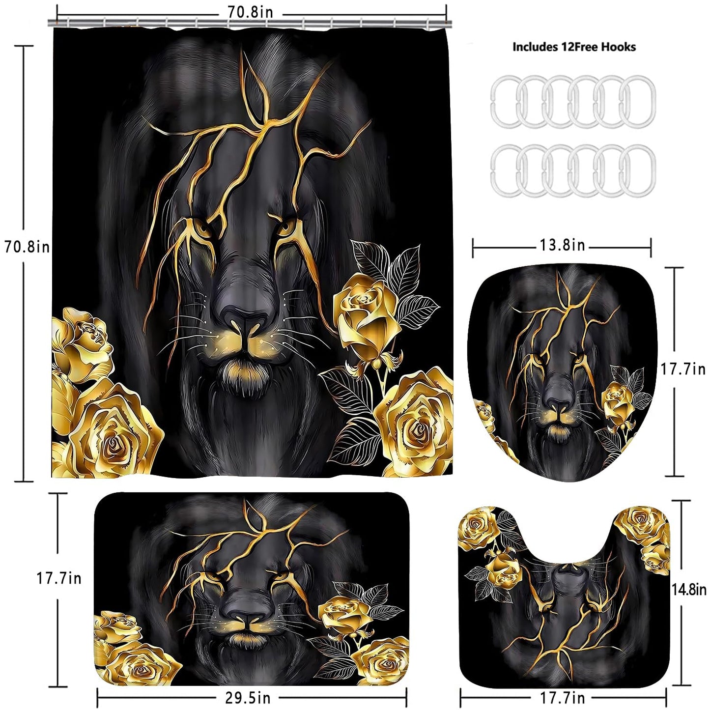 4 Piece Black and Gold Shower Curtain Set with Rugs, Majestic Lion & Golden Rose Art, Luxury Aesthetic Waterproof Fabric Bathroom Decor, Non-Slip Mats & Toilet Lid Cover