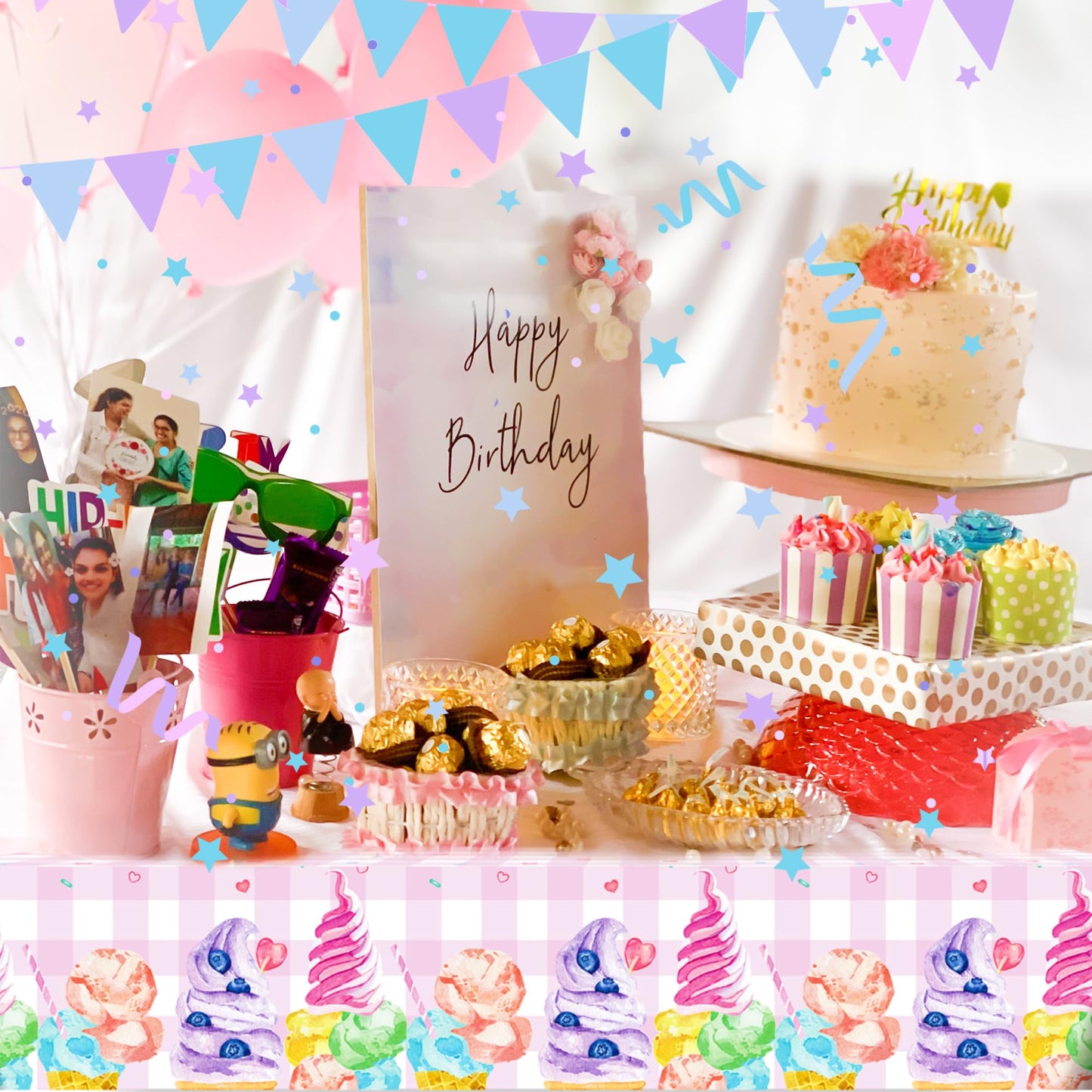 CC HOME 1Pc Ice Cream Cake Party Plastic Tablecloth 54 x 87 Inch Summer Sweet Ice Cream Long Rectangular Table Cover for Buffet Ice Cream Party Holiday Dinner Picnic Tablecloth for Kitchen Event Use