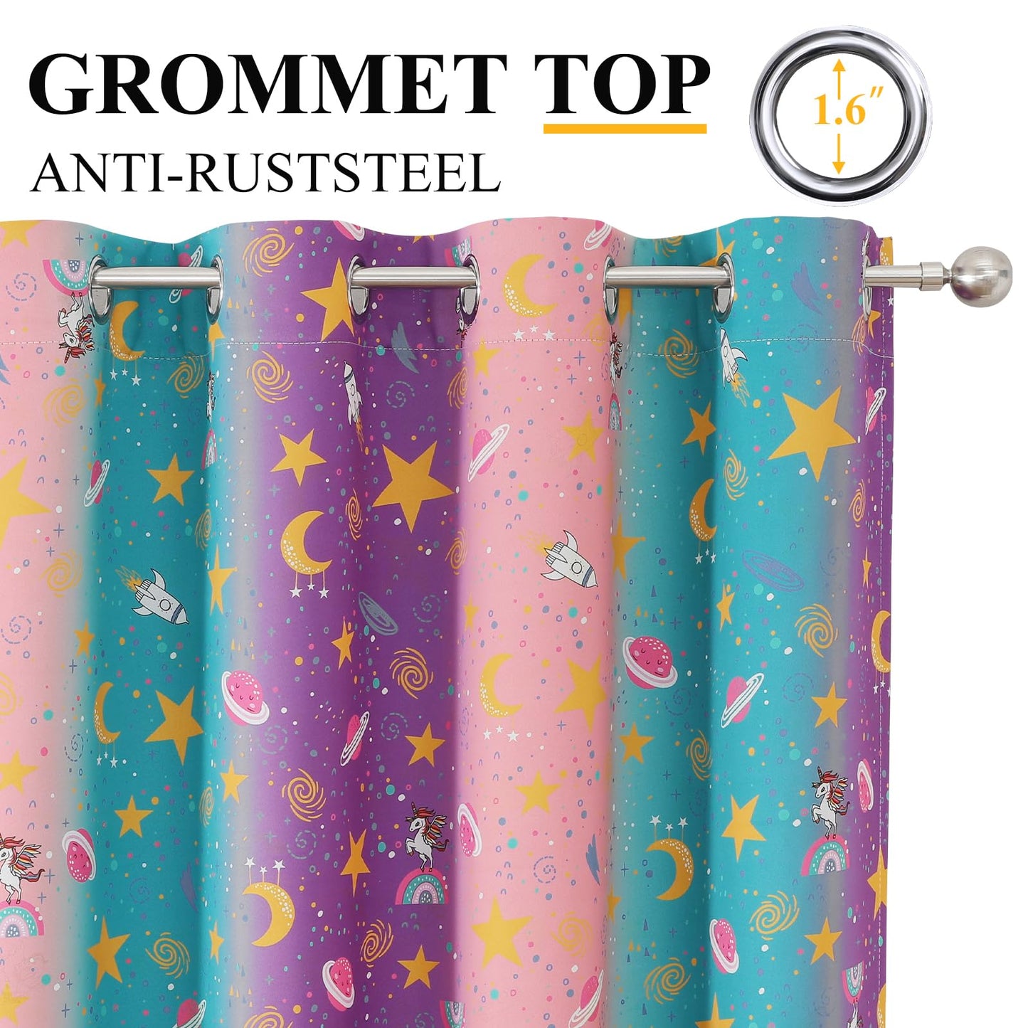 Estelar Textiler Unicorn Rainbow Galaxy Printed Ombre Pink Purple Teal Blackout Curtains for Kids & Girls Room,Thermal Insulated Room Darkening Grommet Drapes with Star & Moon Pattern,38Wx63L,2 Panels