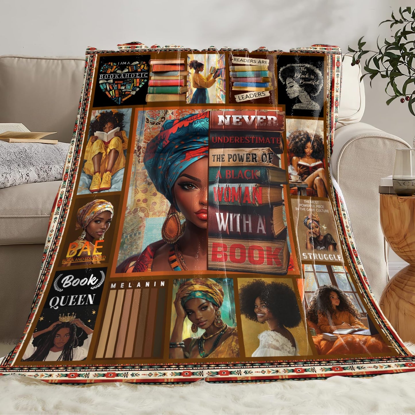 African American Gifts for Women, Book Lover Throw Blanket, Black Women Reading Flannel Blanket, Cozy Fleece Soft Stuff Blankets Gift for Girls Couch Sofa Bed 50" x 40"