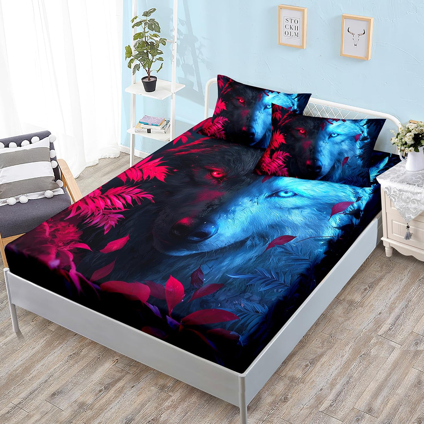 HOSIMA Wolf Twin Bedding Sets for Kids,Blue Black Wolf Print Fitted Sheet,Red Maple Leaves Pattern Animal Themed Wildlife Bedding Sets for Teens Boys Room Decor,1 Fitted Sheet+2 Pillowcases.