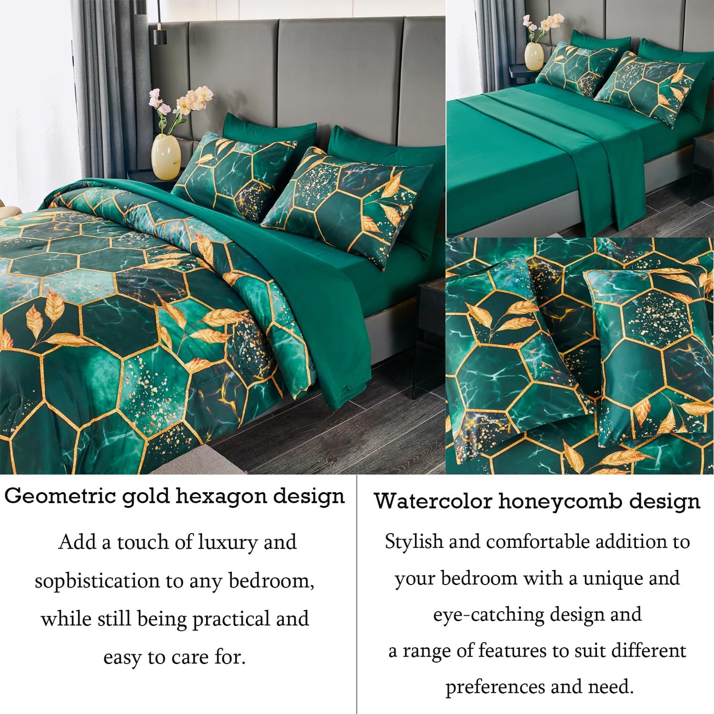 ANGIYUIN 3D Marble Printed Emerald Green Comforter Set Full, 7Pcs Geometric Hexagon Theme Comforter Gold Trim Bed in A Bag Full, Modern Watercolor Foil Print Bedding Set with Sheets (Green Full)