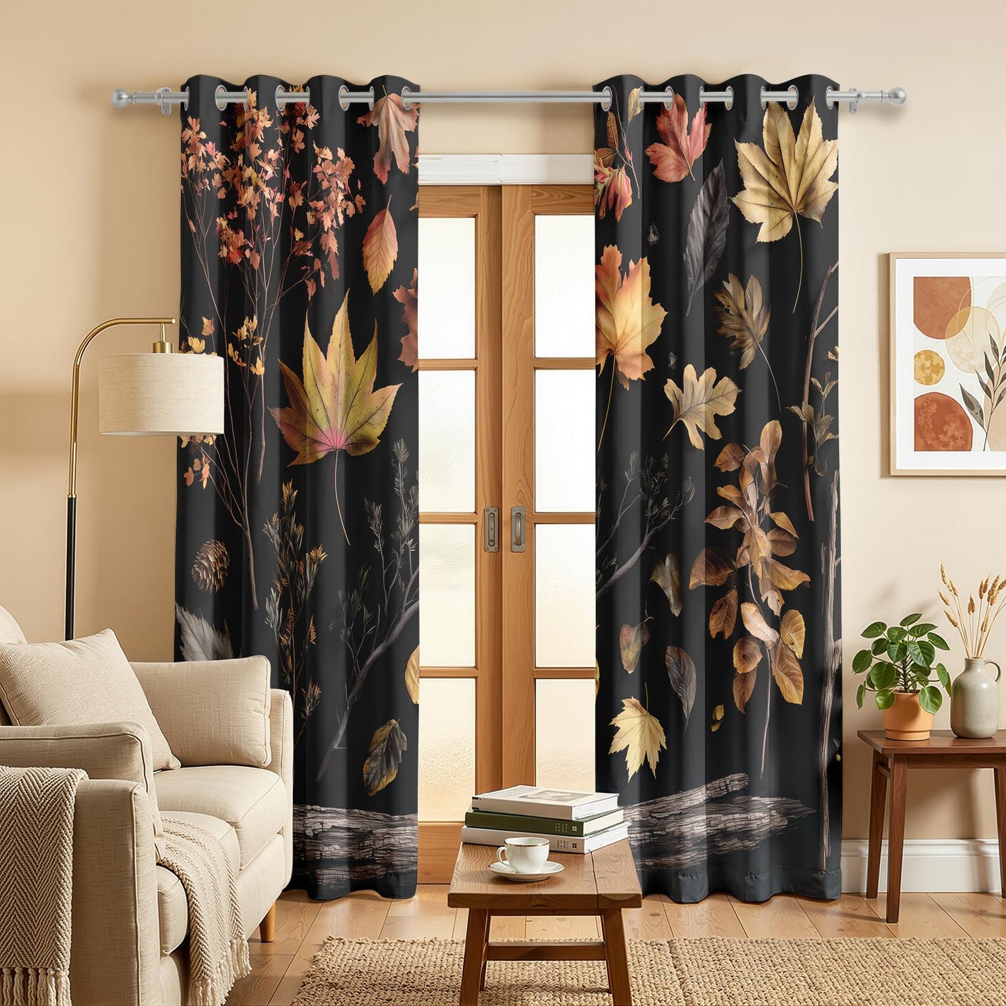 Mistwalk Fall Leaf Blackout Curtains for Bedroom & Living Room, 63 Inch Curtains 2 Panel Set, Room Darkening Thermal Insulated Grommet Drapes, Rustic Autumn Leaves Patterned Window Treatments