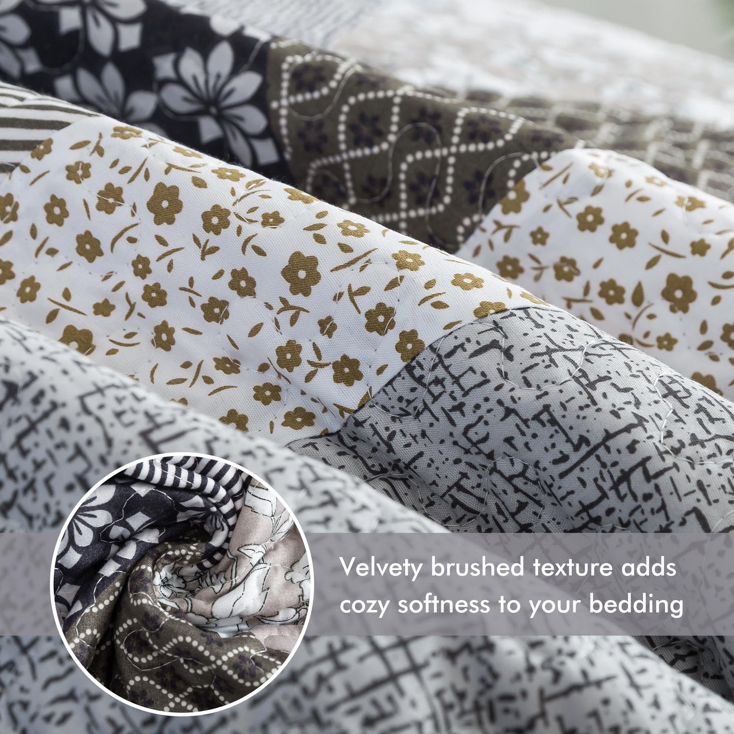 Etwel Lightweight Patchwork Queen Size Quilt Set - Breathable Reversible Cotton Bedspread for Hot Sleepers, Farmhouse Floral Bedding Set with 2 Pillow Shams for All Season (90"x98", Gray Flower)