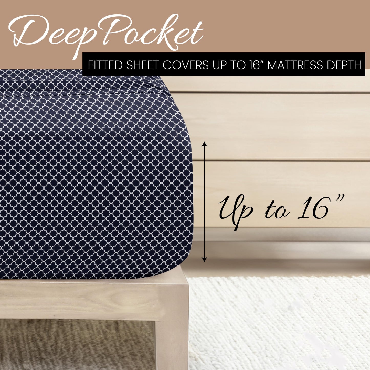 Linen Market Double-Brushed Patterned Microfiber Full Sheet Set 4 Piece – Oeko-TEX Certified Ultra Soft & Wrinkle-Free - 16" Deep Pocket Sheets - Easy Care Full Size - Quatrefoil Navy