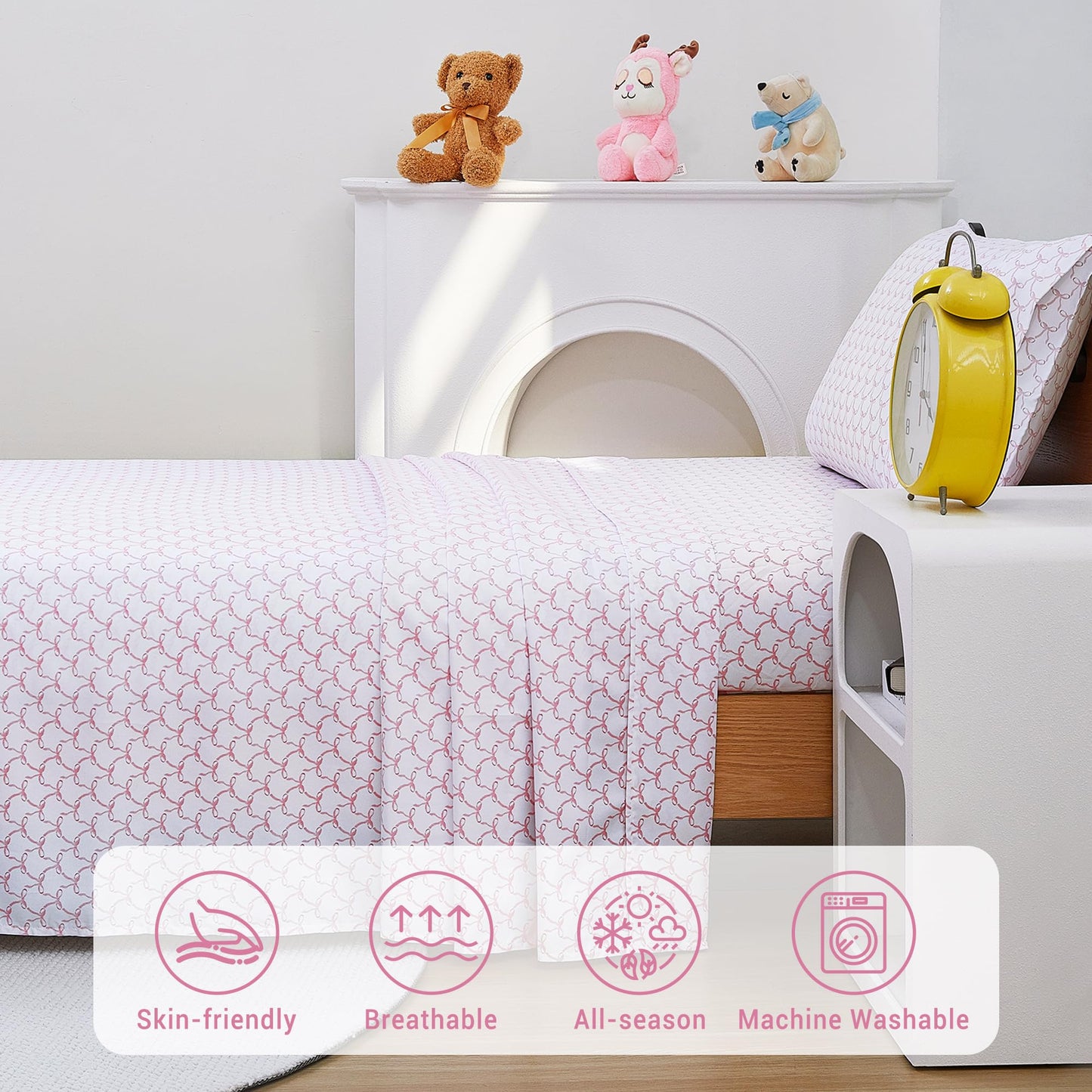 Softan Kids Bed Sheet Set, Girls Full Size Kids Sheets, Microfiber Fitted Sheet and Pillowcase, Breathable and Silky Soft, 4 Piece Pink Bowknot Printed Full Bed Sheet