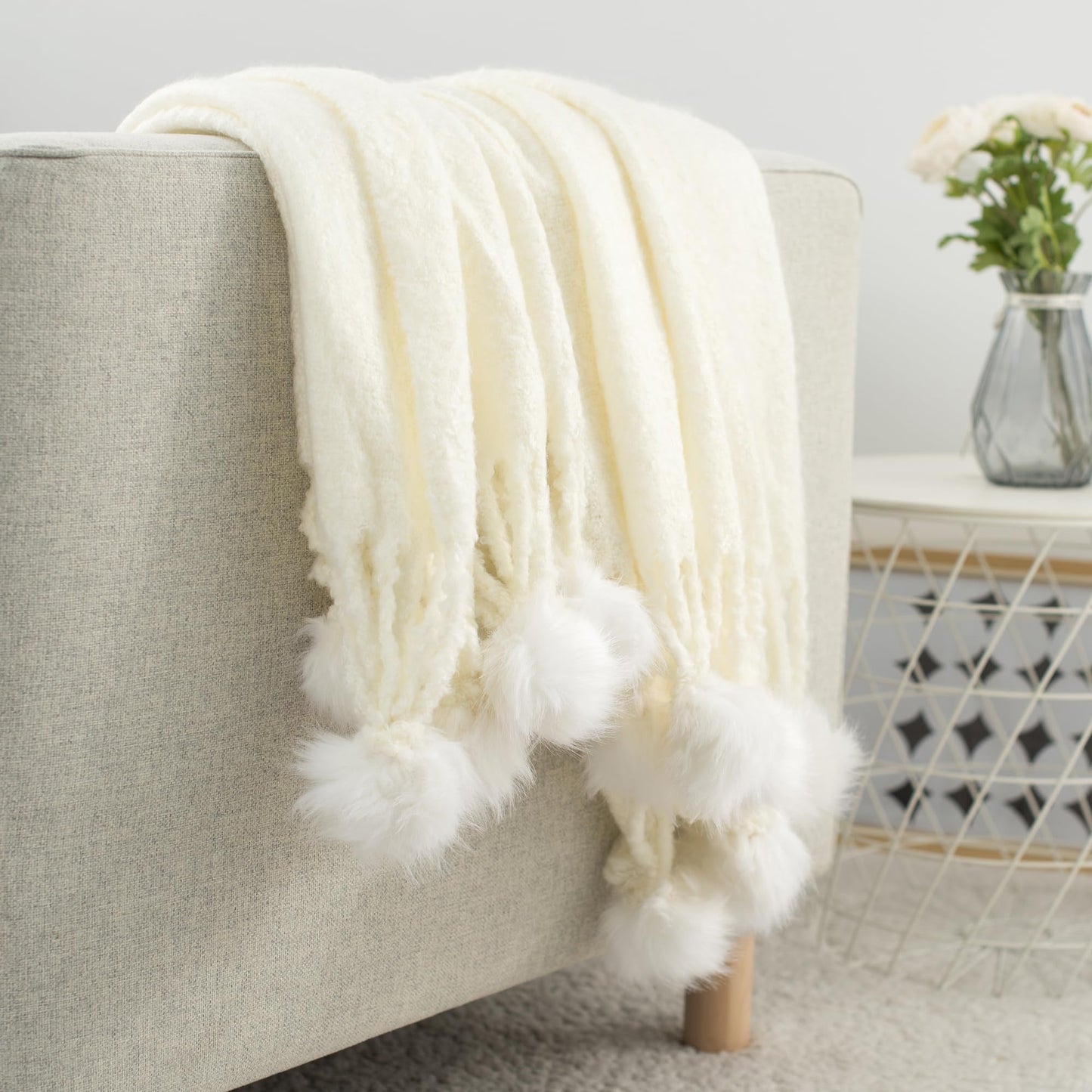 GINAMUSE White Pom Pom Throw Blanket for Couch, 60"X80" Soft Lightweight Knitted Farmhouse Decorative Blankets for Bed and Sofa