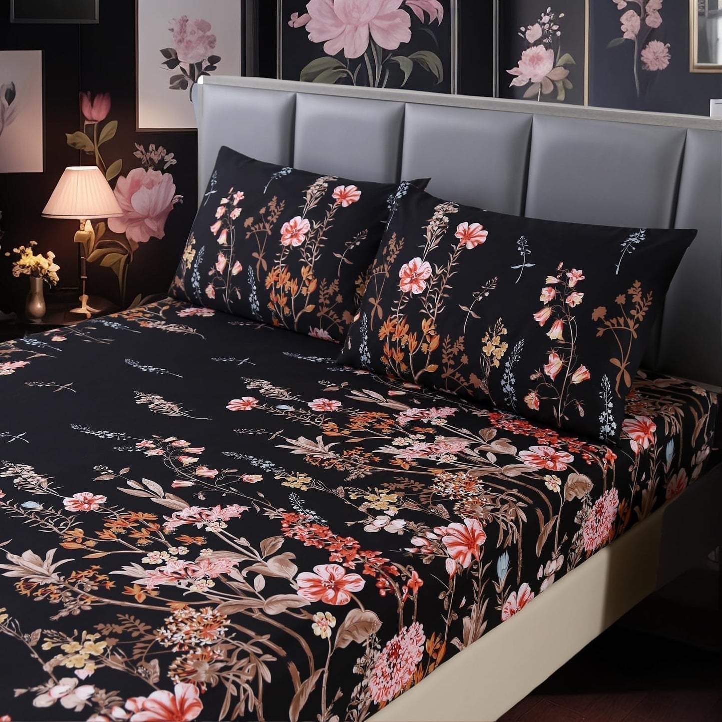 MAG 3pcs Black Floral Full Bed Sheet,Microfiber Flower Boho Fitted Sheets with 1 Fitted Sheet and 2 Pillowcases,14 Inches Deep (Black, Full)