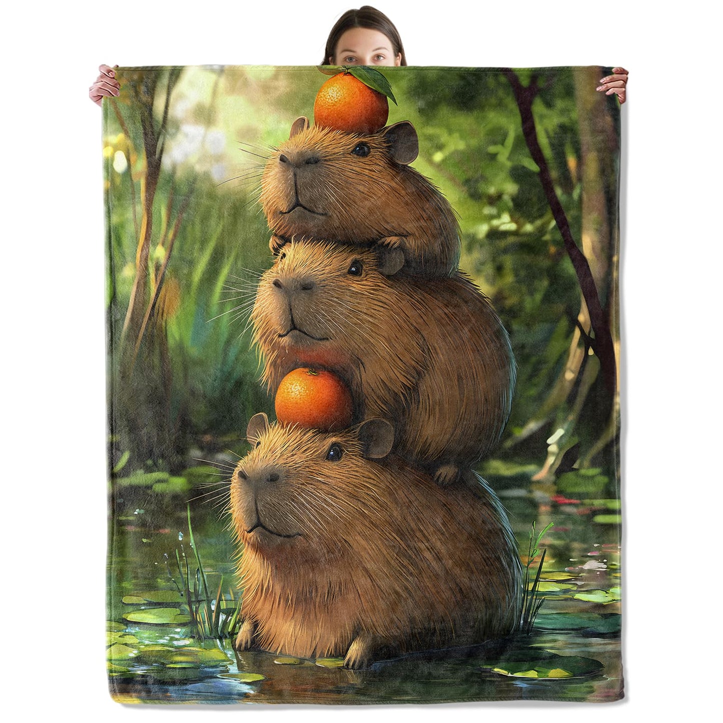wyxdwh Stacked Capybaras Blanket, Cozy Flannel Cute Capybara and Oranges Throw Blanket for Couch Outdoor, Plush Soft Lightweight Travel Blankets for Bed Decor and Gifts, for Women Kids 50"x60"