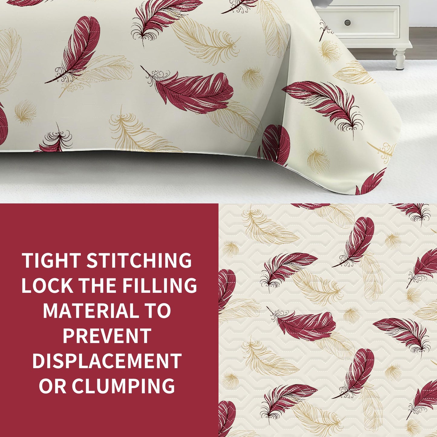 Deepsleep King Bedspread Set 9 Pieces, All Season Luxury Bed in a Bag for Bedroom, with 2 Pillowcases and 6 Curtains, Ultra-Soft Microfiber for Complete Bedroom Decor, Red and White Feather