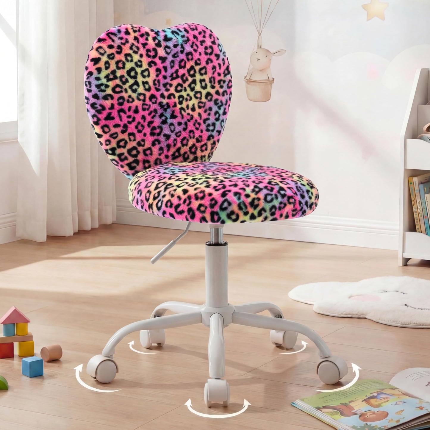 DM Furniture Cute Fuzzy Kids Chair Rolling Study Desk Chair Furry Studing Computer Task Chair Faux Fur Swivel Vanity Chair for Girls Boys Bedroom, Red Leopard
