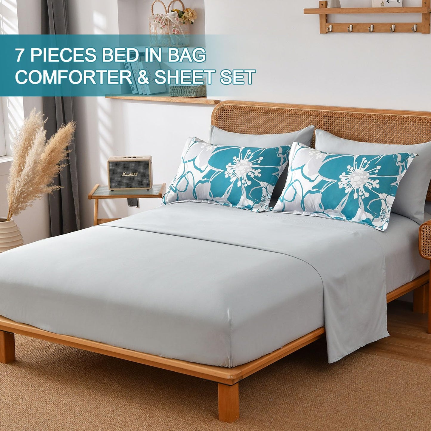 Anibedding Teal Floral Comforter Set Queen Size 7 Piece, Teal Blue Flower Bed in a Bag, Elegant Botanical Floral Comforter Soft Microfiber Complete Bedding Set for All Season, (Teal, 90"x90")